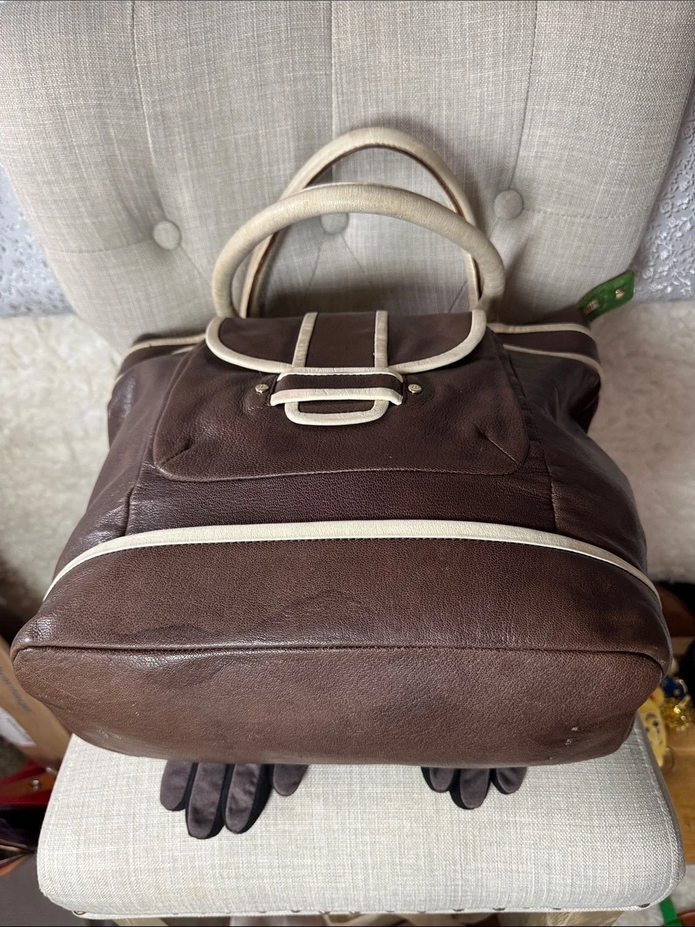 kate spade Brown and Cream Leather Tote with Faux Fur-Trim Gloves - Picture 3 of 5